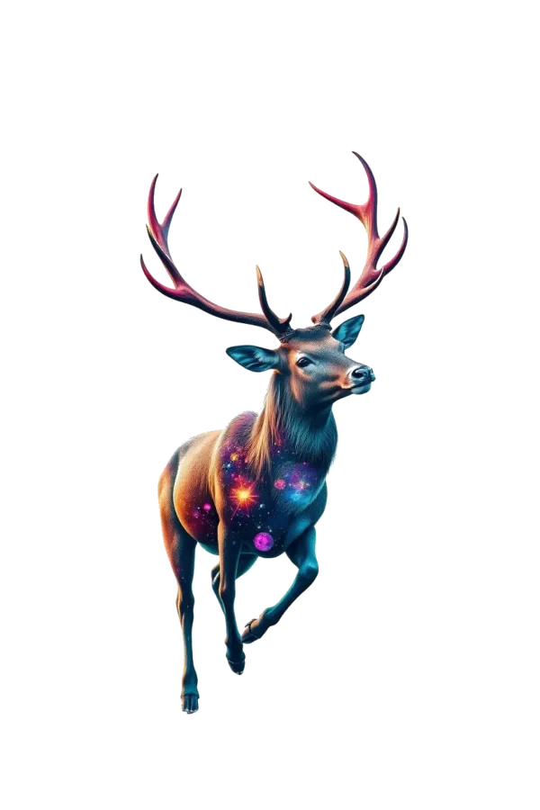 A vibrant temporary temporary tattoo featuring a majestic deer in mid-stride. The deer is adorned with a cosmic design in shades of blue, purple, and pink, resembling a nebula. Its head is turned to the left, showcasing detailed antlers, while