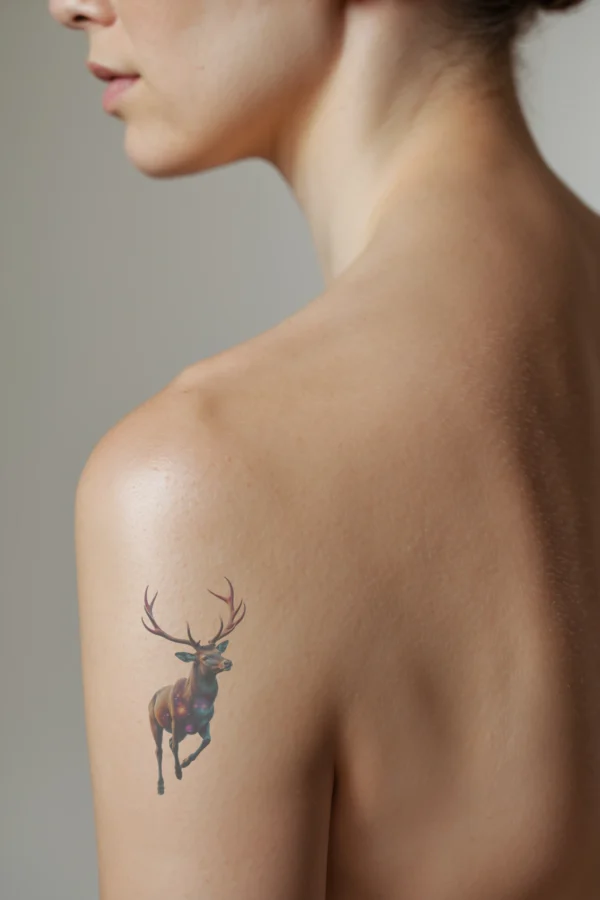 A profile view of a person's shoulder featuring a vibrant temporary temporary tattoo of a majestic stag in mid-stride. The deer's body is decorated with a cosmic design in shades of blue, purple, and pink, resembling a nebula. Its head is turned
