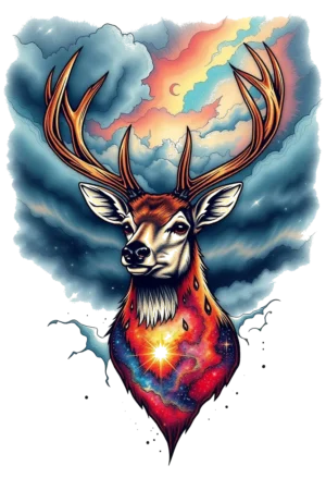Temporary tattoo design featuring a majestic male deer with a blended orange and brown coat and a hint of red on its face. The deer stands centered, gazing directly at the viewer, showcasing its striking blue eyes and dark brown/black nose. Its brown