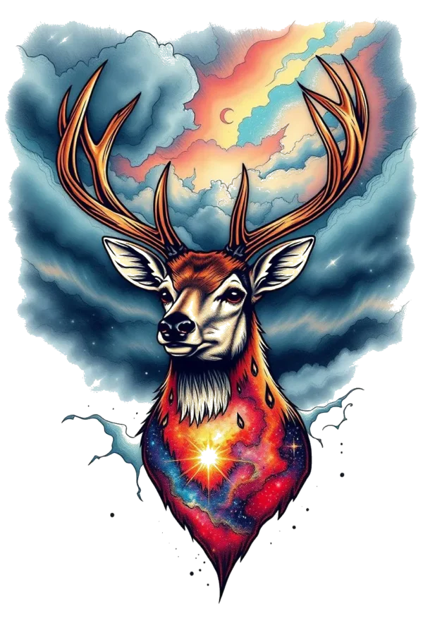 Temporary temporary tattoo design featuring a majestic male deer with a blended orange and brown coat and a hint of red on its face. The deer stands centered, gazing directly at the viewer, showcasing its striking blue eyes and dark brown/black nose. Its brown
