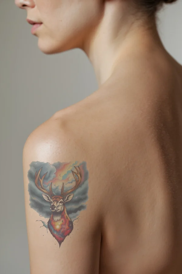 A profile view of a shoulder temporary tattoo featuring a majestic deer at its center. The deer, possibly a male, has a blend of orange and brown fur with a hint of red on its face, and striking blue eyes. Its impressive antlers, colored