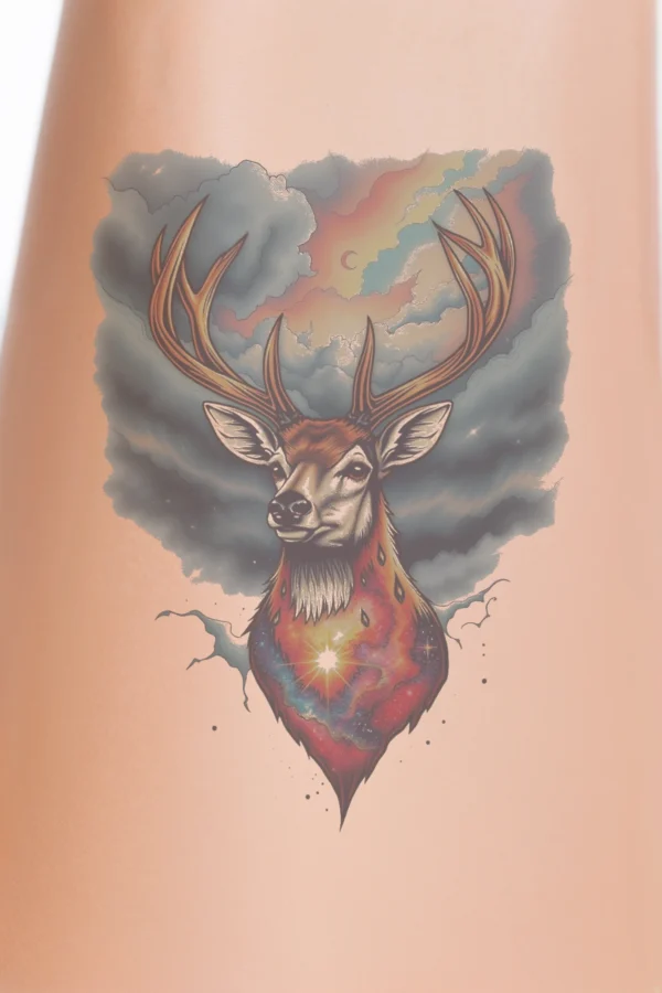 A temporary temporary tattoo design featuring a majestic male deer with orange and brown fur, accented by red on its face. The deer stands prominently in the center, its blue eyes gazing forward and antlers reaching upward. It wears a necklace of small dark beads