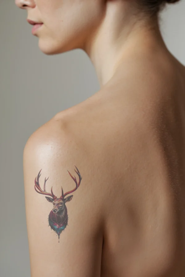 A digital illustration of a majestic deer temporary tattoo on a person's shoulder, shown in profile. The deer, possibly a stag, features large, striking antlers with hues of red and pink. Its head is turned to the left, gazing towards the viewer