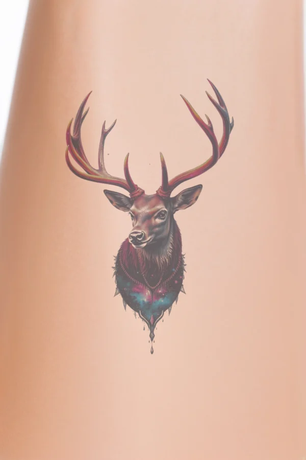 Digital illustration of a majestic stag with large, colorful antlers, facing left and gazing at the viewer. The deer’s coat blends rich shades of red, pink, and purple, accented by hints of blue. Its striking antlers showcase a mix