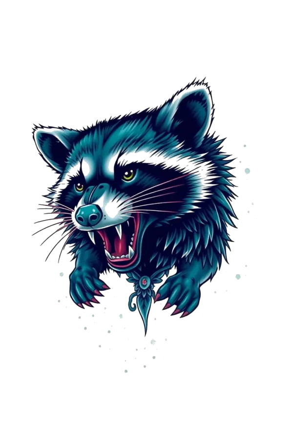 A temporary temporary tattoo design featuring a fierce raccoon with dark blue-green fur and striking yellow eyes. The raccoon is depicted with its mouth open in a roar, showcasing sharp teeth. Its head is tilted to the left while its body angles to the right