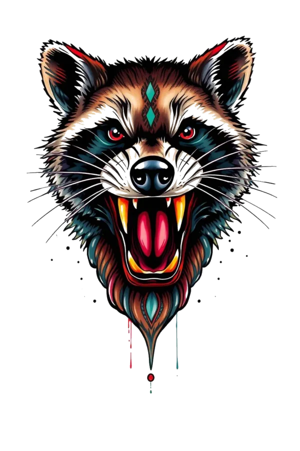 A temporary temporary tattoo design featuring a raccoon's face in a bold traditional Indian art style. The raccoon's mouth is open in a fierce roar, showcasing sharp teeth and a detailed snout. Its fur is a blend of brown and black, accent