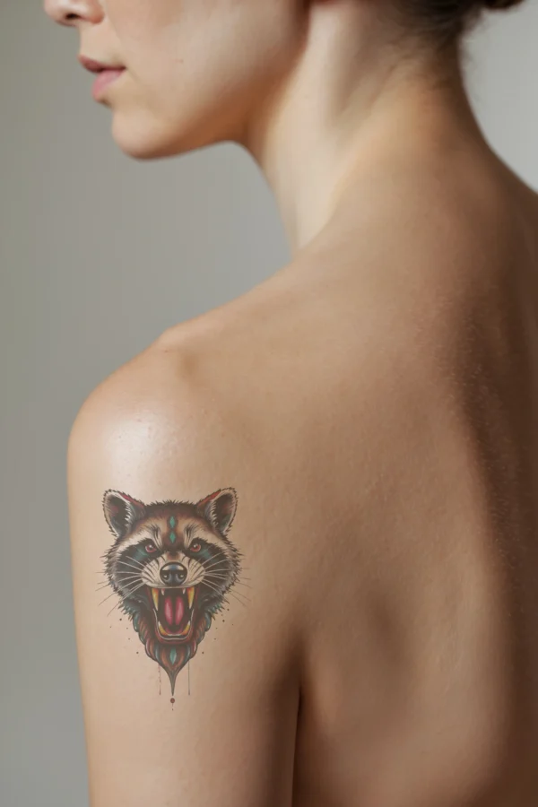 A profile view of a person showcasing a temporary temporary tattoo on their shoulder. The temporary tattoo features a fierce illustration of a raccoon's face with its mouth open in a roar, exposing sharp teeth. The raccoon's fur is a blend of brown and black