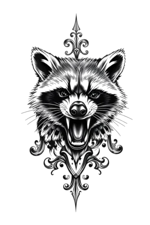 A striking black and white temporary tattoo design featuring a close-up illustration of a raccoon's head, depicted roaring with its mouth open. The raccoon's wide eyes and detailed, textured fur are prominently displayed against a stark white background, emphasizing the contrast