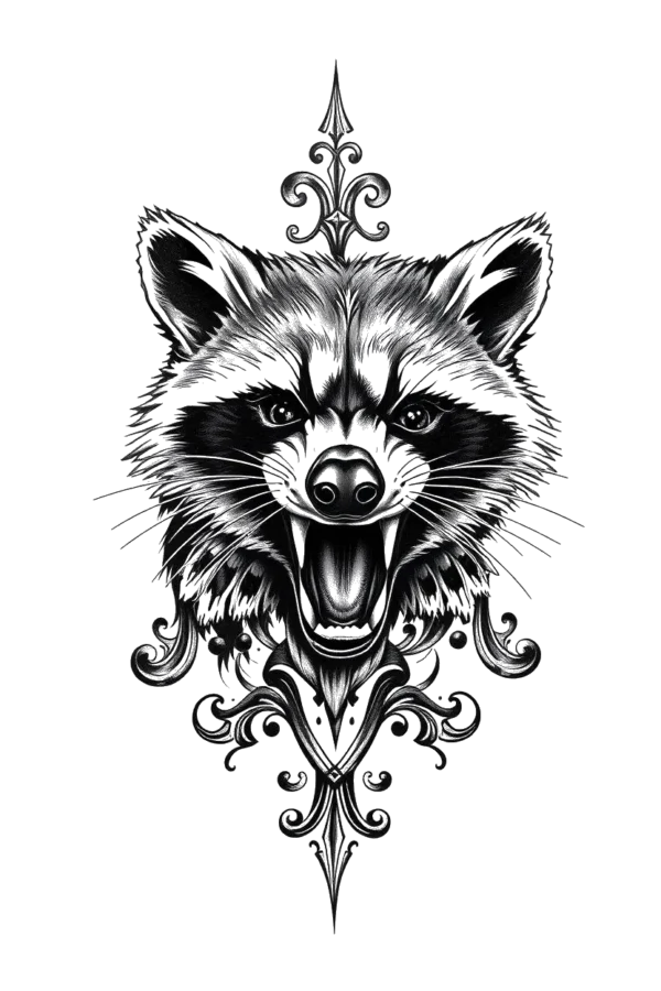 A striking black and white temporary temporary tattoo design featuring a close-up illustration of a raccoon's head, depicted roaring with its mouth open. The raccoon's wide eyes and detailed, textured fur are prominently displayed against a stark white background, emphasizing the contrast