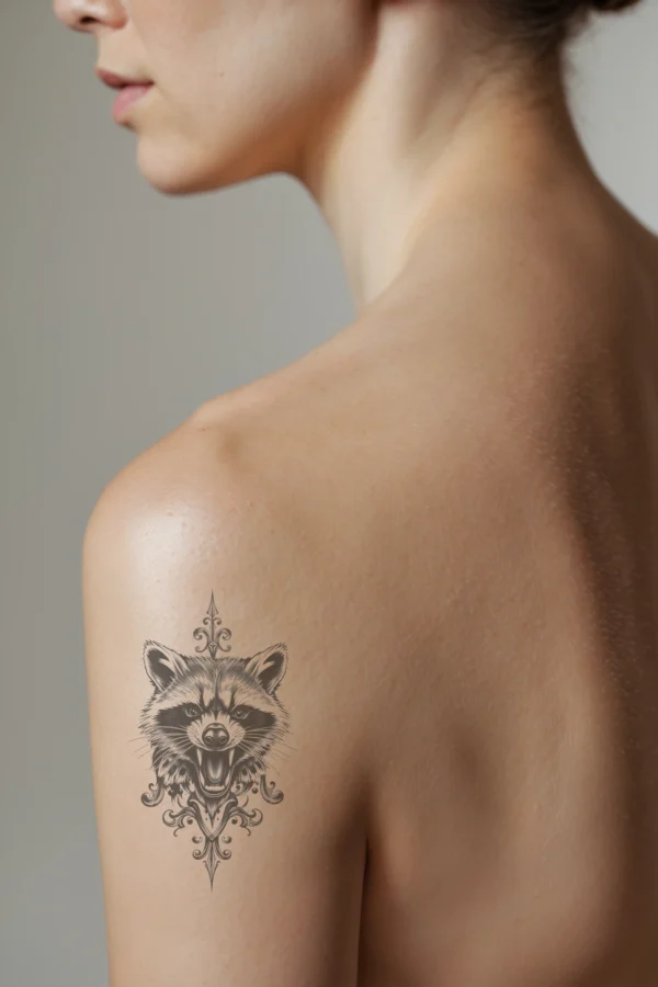 A temporary temporary tattoo on a person's shoulder features a detailed black and white illustration of a raccoon's head in profile. The raccoon has its mouth open in a roar, with wide eyes and intricately textured fur. The design is centered on the shoulder