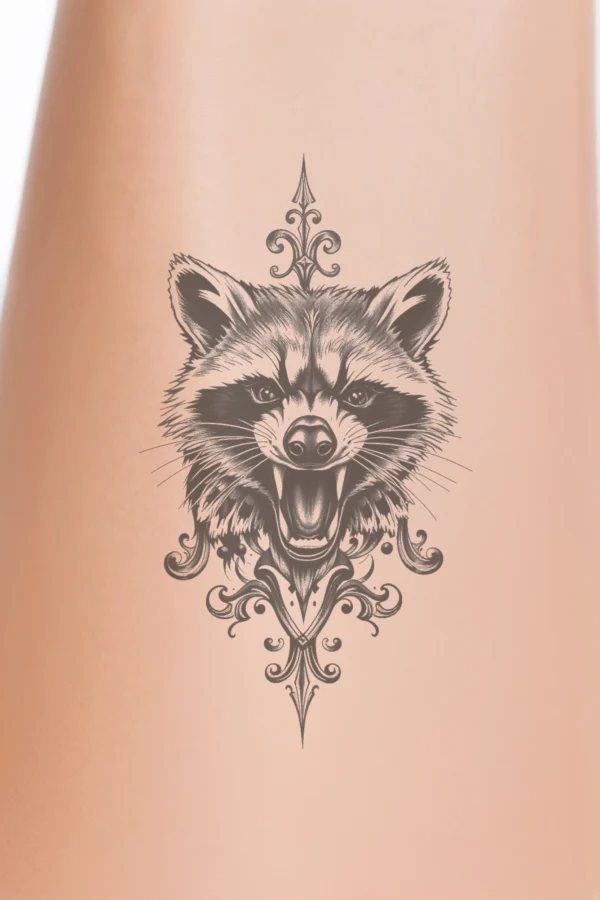 Temporary temporary tattoo design featuring a detailed black and white illustration of a raccoon's head, with its mouth open in a roar and wide, expressive eyes. The intricately textured fur contrasts against a stark white background, enhancing the raccoon's facial features.