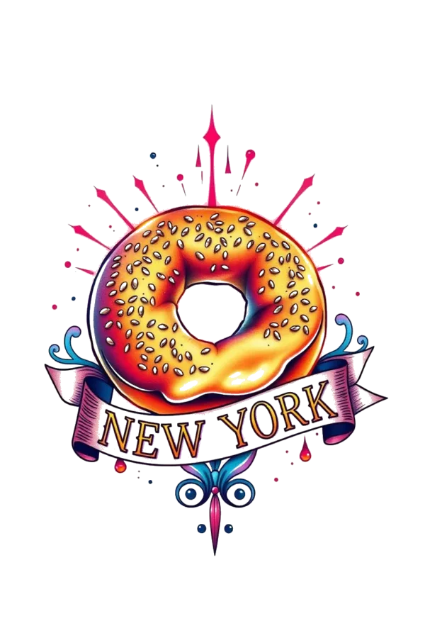 Vibrant temporary temporary tattoo design featuring a colorful donut adorned with sesame seeds and a drizzled dark topping. The donut is centrally positioned, topped with a light beige banner that reads "NEW YORK" in a stylized font, surrounded by a decorative