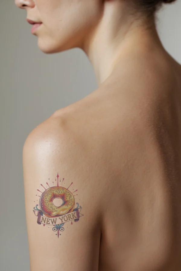 A temporary temporary tattoo design on a person’s shoulder features a colorful donut with a light beige banner reading "NEW YORK" in a stylized font. The donut, adorned with sesame seeds and a dark chocolate drizzle, is centrally positioned, facing the viewer.