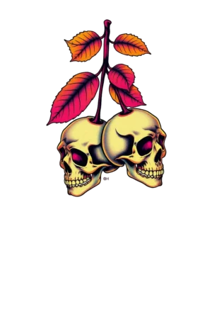 Image of a temporary tattoo featuring two symmetrical skulls, each adorned with a stem and leaves, positioned on either side of a central stem. The skulls are painted in a pale yellow or cream color, while their stems are a dark brown or black