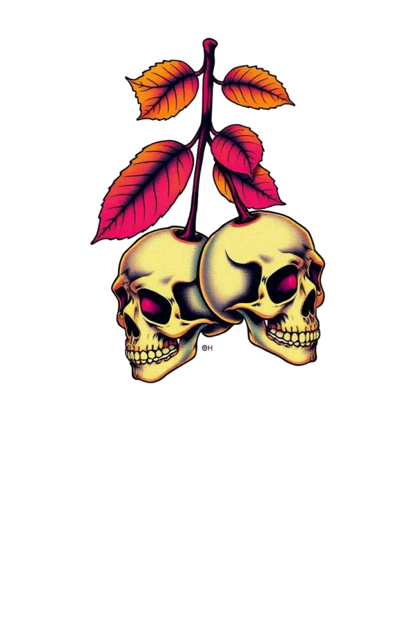 Image of a temporary temporary tattoo featuring two symmetrical skulls, each adorned with a stem and leaves, positioned on either side of a central stem. The skulls are painted in a pale yellow or cream color, while their stems are a dark brown or black