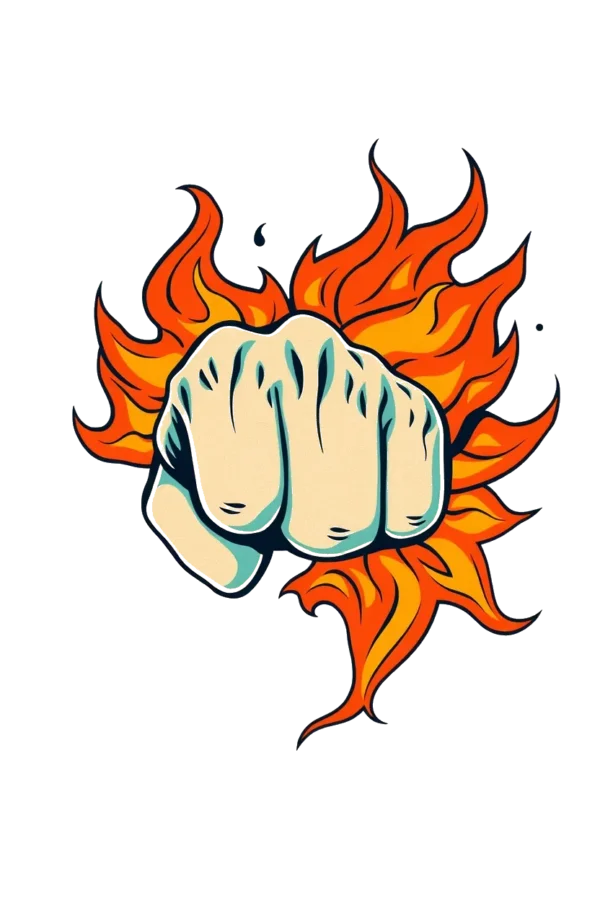 "Temporary temporary tattoo design featuring a light beige fist clenched powerfully with slightly curled fingers, set against a vibrant backdrop of stylized orange flames emanating from the top right corner."