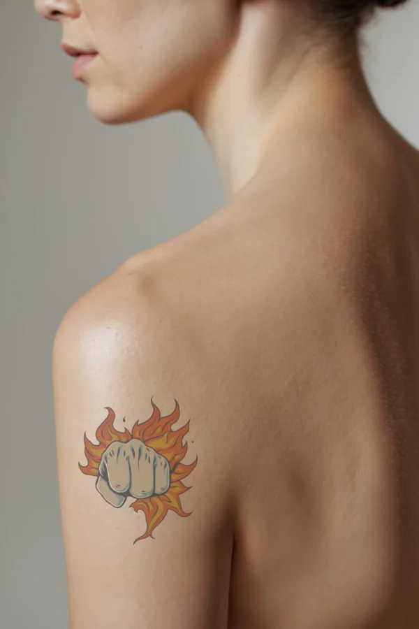 A profile view of a person's shoulder displaying a temporary temporary tattoo of a clenched fist in light beige, surrounded by stylized orange flames emanating from the top right corner. The design emphasizes the power of the fist against a vibrant, fiery backdrop, with