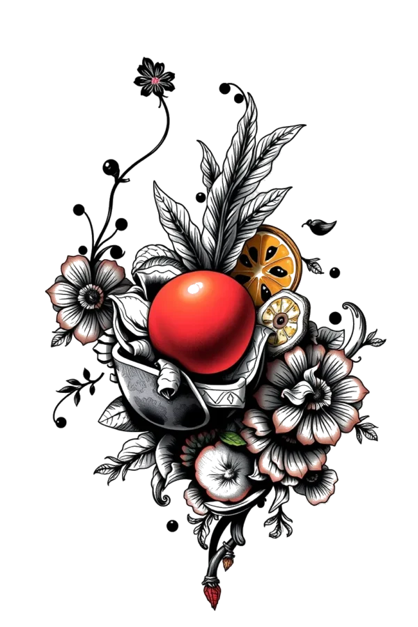 A temporary temporary tattoo design featuring a vibrant still life arrangement of a shiny red apple at the center, surrounded by a lemon, an orange slice, and a lemon slice. Various flowers in shades of red, pink, and black and white are artistically arranged