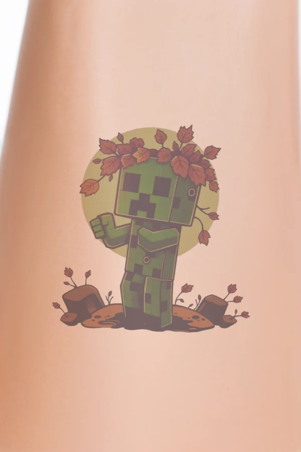 A cartoonish Minecraft-inspired character stands on a rocky surface, framed by a large round yellowish-orange sun behind it. The character features a pixelated green body with a small dark green head, adorned with a crown of leaves. Its arms, bent