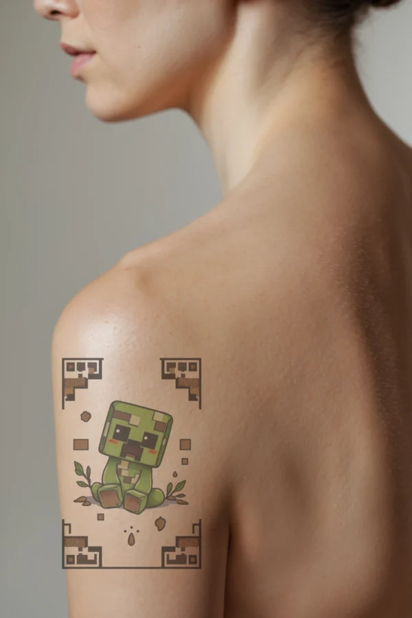 A temporary temporary tattoo on a person's shoulder features a stylized, cartoon-like green creature in profile. The creature has a large round head, small body, and oversized round feet. Its face includes a large round nose, small mouth, and expressive eyes.
