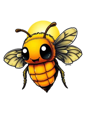 A cartoon-style temporary tattoo of a cheerful bee facing left. The bee features a vibrant orange and yellow body with a black head and thorax. Its segmented body and legs are detailed, and it has large, round eyes and a smiling mouth. The