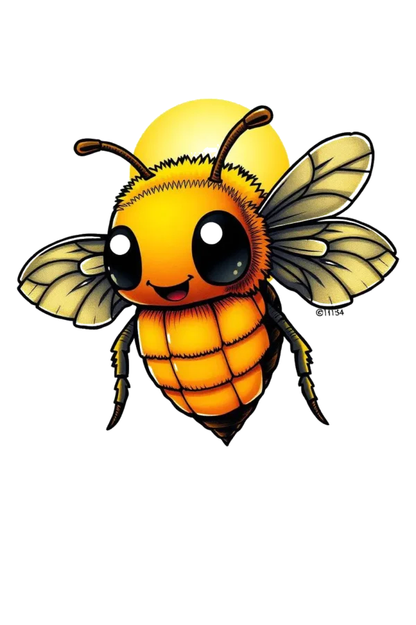 A cartoon-style temporary temporary tattoo of a cheerful bee facing left. The bee features a vibrant orange and yellow body with a black head and thorax. Its segmented body and legs are detailed, and it has large, round eyes and a smiling mouth. The