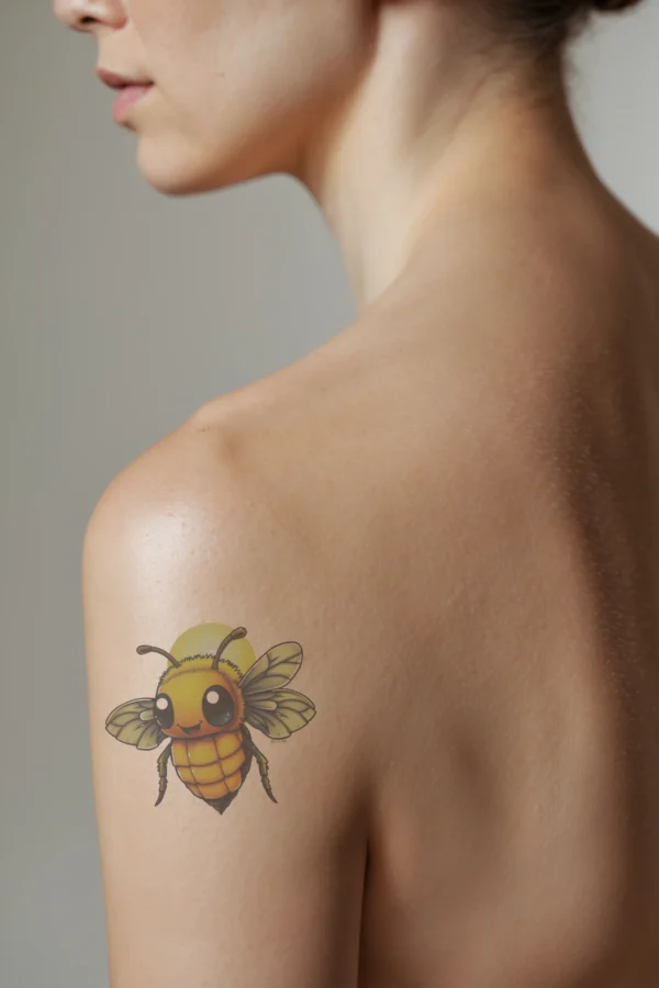 A temporary temporary tattoo on a person's shoulder depicts a cartoon bee in profile. The bee features a primarily orange and yellow body with a black head and thorax. Its wings are spread wide, revealing a black abdomen, while its segmented body and legs are detailed