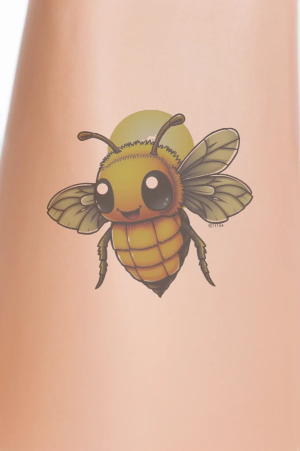 A colorful cartoon bee temporary tattoo illustration featuring a bright orange and yellow body with a black head and thorax. The bee's large, round eyes and smiling mouth give it a cheerful expression. It has segmented body parts, including its thorax, abdomen,