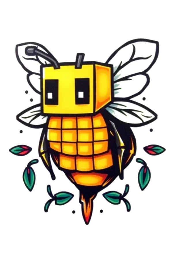 A vibrant temporary temporary tattoo featuring a central bee illustrated in traditional temporary tattoo style. The bee has a bold yellow body with black wings, showcasing a unique grid-like texture. Its head is a yellow square with a central black line, while the wings display a mix