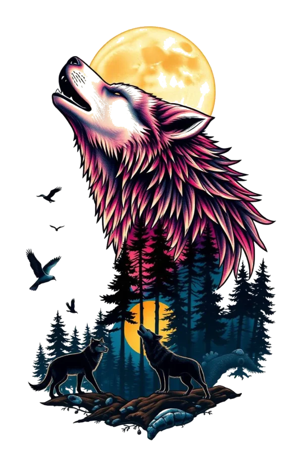 A temporary temporary tattoo design featuring a stylized wolf standing on a rocky outcropping, head tilted upward in a howling pose. The wolf's fur is a vibrant mix of pink and black, contrasted by its striking yellow eyes. Behind the wolf,