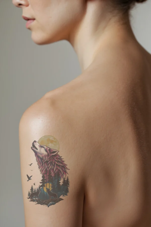 Temporary temporary tattoo design featuring a profile view of a person with a detailed shoulder temporary tattoo. The temporary tattoo depicts a wolf with pink and black fur, howling with its head tilted back. Its striking yellow eyes stand out against the backdrop of a large, bright yellow