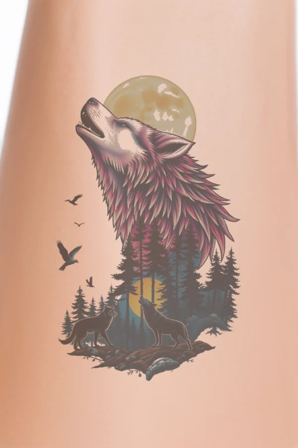 A temporary temporary tattoo design featuring a wolf on a rocky outcropping, tilted upwards as if howling. The wolf's fur showcases a blend of pink and black, with striking yellow eyes. It is set against a backdrop of tall, dark green trees
