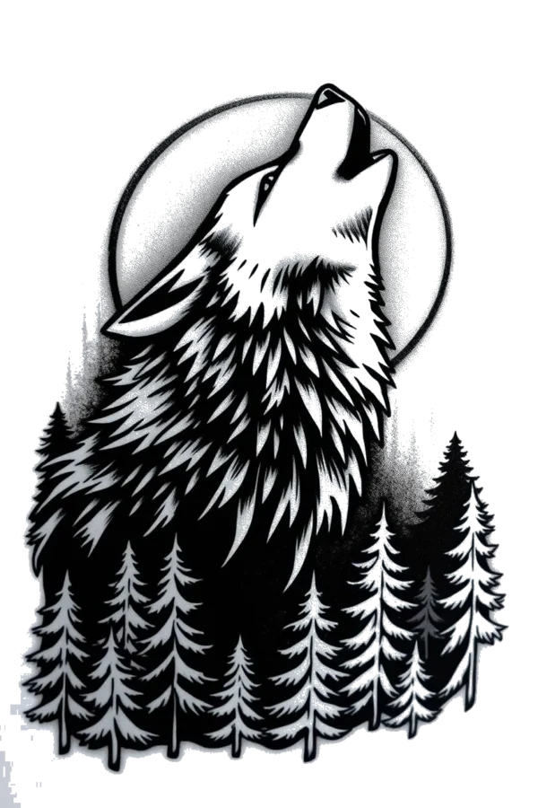 Temporary temporary tattoo design featuring a realistic black and white wolf's head and neck, depicted howling with its mouth open. The wolf’s fur is primarily black, accented by white fur on its head and neck, and its striking black eyes and pointed ears convey