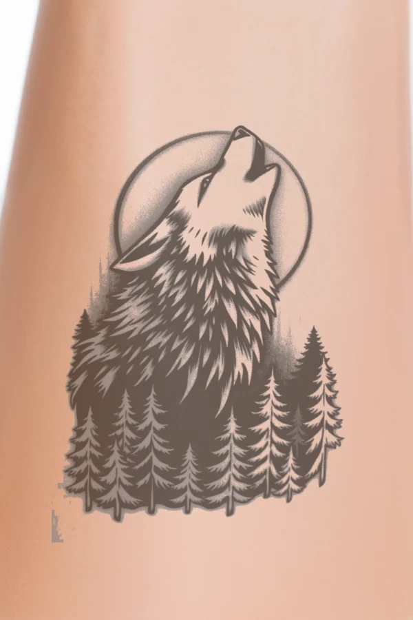 A temporary temporary tattoo design featuring a wolf's head and neck in black and white. The wolf, tilted upwards as if howling, has an open mouth and striking black eyes. Its body is primarily black with white fur on its head and neck. The