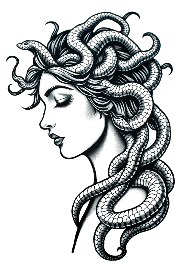 A temporary temporary tattoo design featuring a serene woman with a calm expression, facing left. Her loose, flowing hair is intricately adorned with multiple black and white snakes, which appear to intertwine with her hair, adding a sense of movement. The woman's features