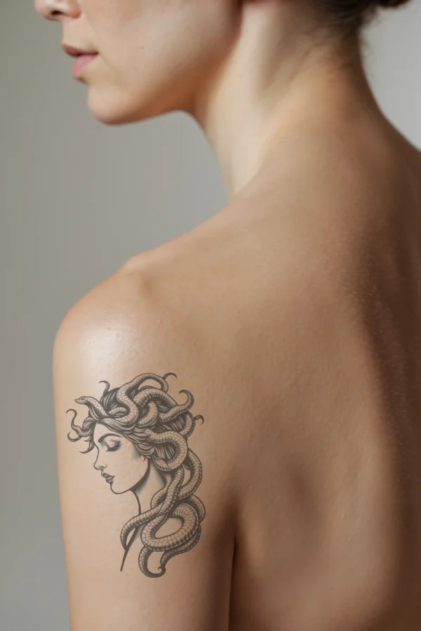 A black and white temporary temporary tattoo design showcasing a woman in profile, her serene face turned to the left. Her hair flows loosely, interwoven with multiple intricately patterned snakes, creating dynamic movement. The striking contrast between the detailed snake designs and the woman's