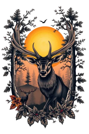 Image of a temporary tattoo featuring a majestic black deer with large antlers, positioned centrally against an autumn forest backdrop. The deer, facing the viewer, has prominent dark eyes. Surrounding it are trees and foliage in warm shades of brown and orange,