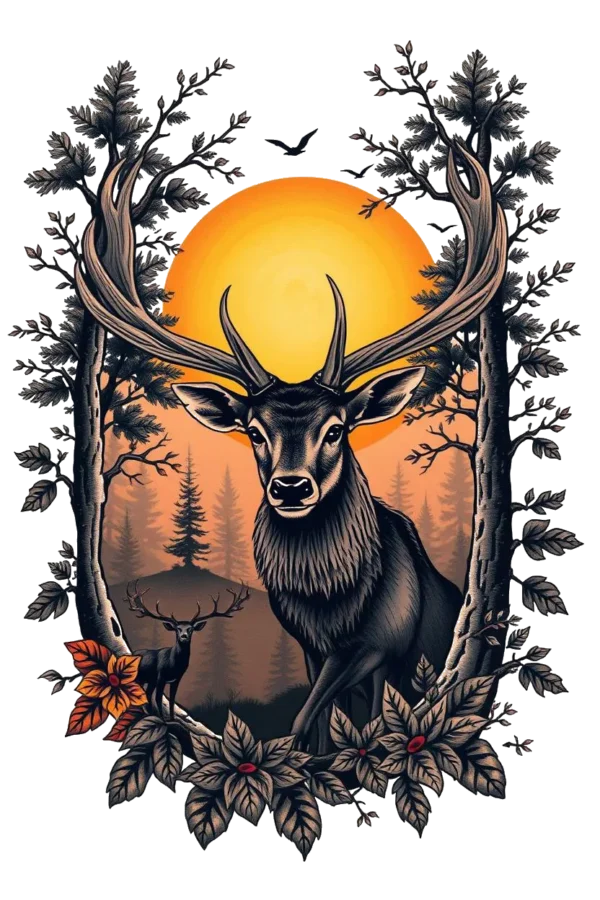 Image of a temporary temporary tattoo featuring a majestic black deer with large antlers, positioned centrally against an autumn forest backdrop. The deer, facing the viewer, has prominent dark eyes. Surrounding it are trees and foliage in warm shades of brown and orange,