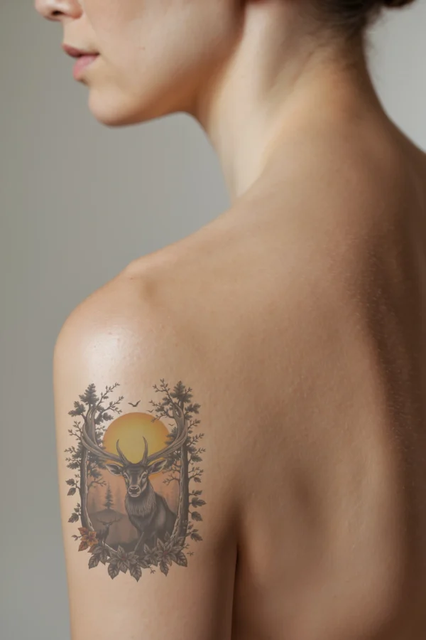A profile view of a person's shoulder showcasing a temporary temporary tattoo of a majestic black deer with large antlers, surrounded by an autumn forest. The deer faces the viewer, with its dark eyes prominent. The background features a large orange-yellow sun and a smaller