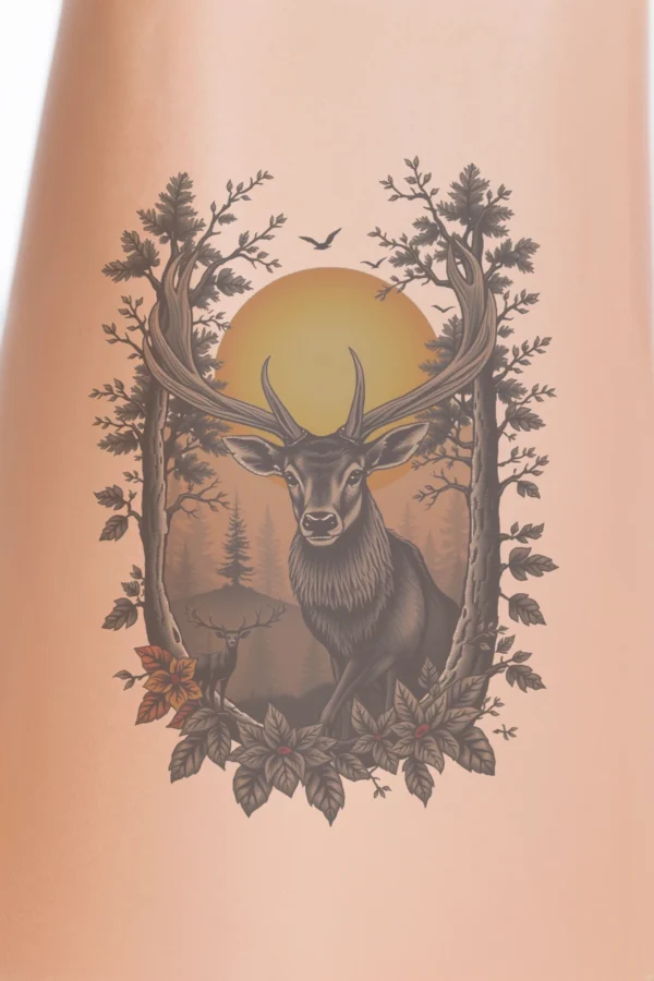 A striking temporary temporary tattoo design featuring a majestic black deer at its center, showcasing large antlers reaching skyward. The deer faces the viewer, highlighting its dark eyes. Surrounding it is an autumnal forest scene in warm shades of brown and orange,