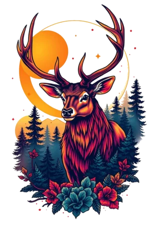 Temporary tattoo featuring a regal red deer with dark legs and head, prominently displaying large, curved antlers. The deer stands in the center against a dark blue-black forest background, gazing toward the viewer. It is surrounded by vibrant flowers, including a