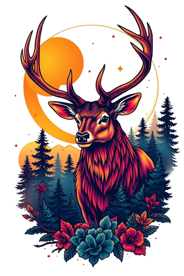 Temporary temporary tattoo featuring a regal red deer with dark legs and head, prominently displaying large, curved antlers. The deer stands in the center against a dark blue-black forest background, gazing toward the viewer. It is surrounded by vibrant flowers, including a