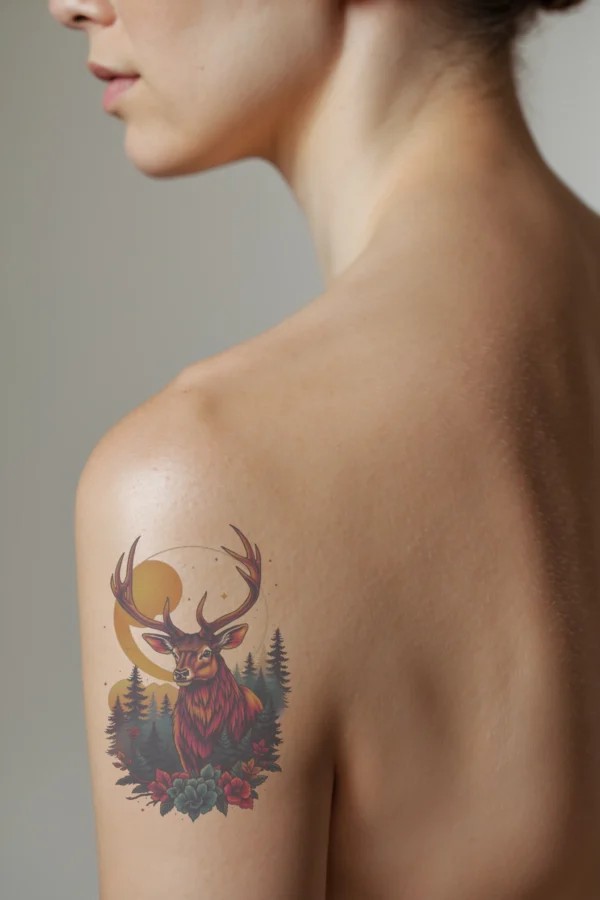 A profile view of a person's shoulder displaying a temporary temporary tattoo of a majestic red deer with dark brown or black legs and head. The deer, featuring large, curved antlers, stands prominently in the center. It is surrounded by a vibrant arrangement of flowers