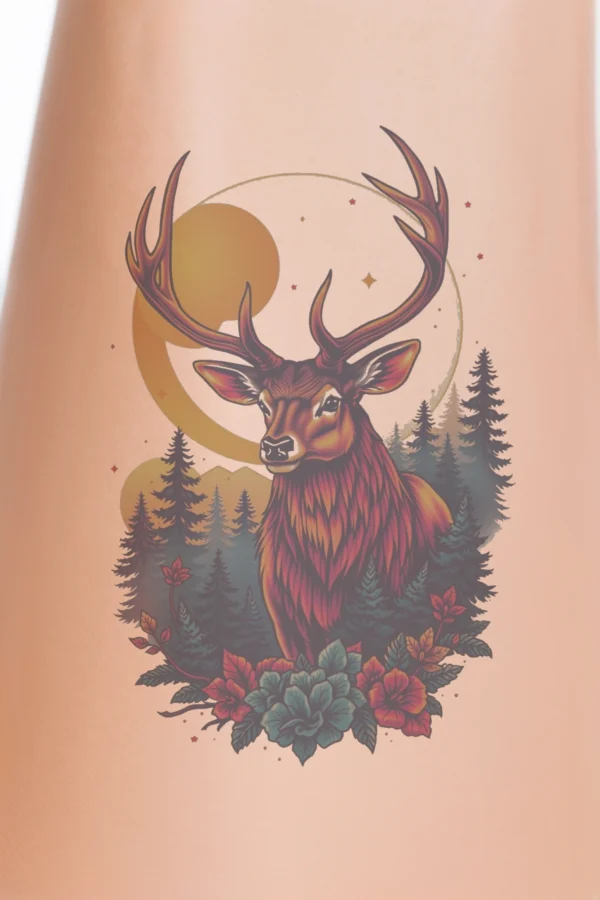 A temporary temporary tattoo design featuring a majestic red deer with dark brown legs and head, standing centrally. Its large, curved antlers extend upwards, enhancing its regal look. The deer is surrounded by vibrant flowers, including clusters of red and orange blooms in the