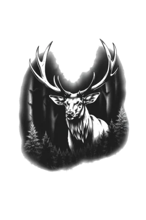 A detailed black and white temporary tattoo design featuring a deer, possibly a stag, with its head and neck prominently displayed. The deer has large, upward-reaching antlers and a light brown or tan coat. It stands in a dense forest with numerous trees
