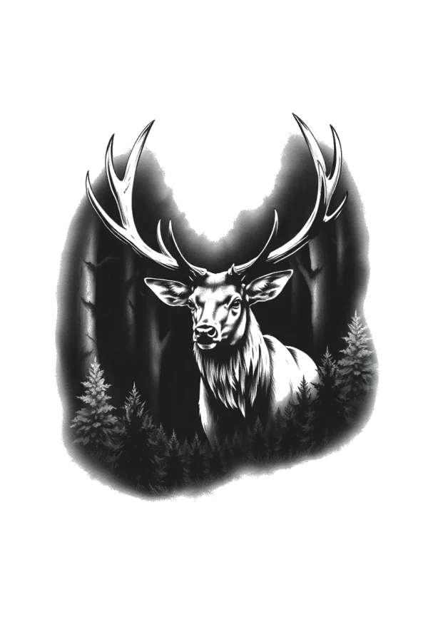 A detailed black and white temporary temporary tattoo design featuring a deer, possibly a stag, with its head and neck prominently displayed. The deer has large, upward-reaching antlers and a light brown or tan coat. It stands in a dense forest with numerous trees