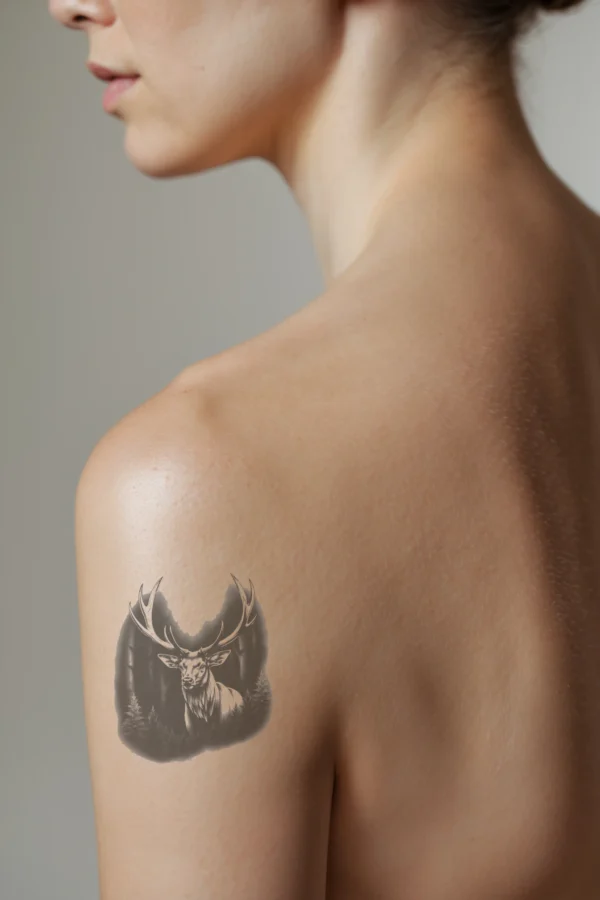 A side profile of a person showcasing a temporary temporary tattoo on their shoulder. The temporary tattoo features a detailed black and white illustration of a deer, possibly a stag, with prominent antlers. The deer is depicted in a forest setting with dense trees, creating depth
