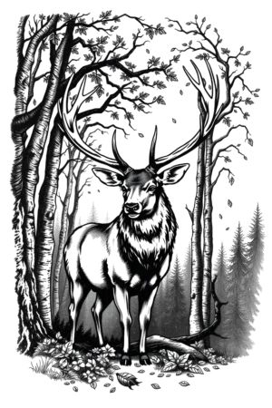 A detailed temporary tattoo design featuring a majestic deer with large antlers, standing confidently in a realistic black and white forest setting. The deer, facing the viewer, showcases a textured coat with a mix of dark and light shades, creating striking contrast. Surround