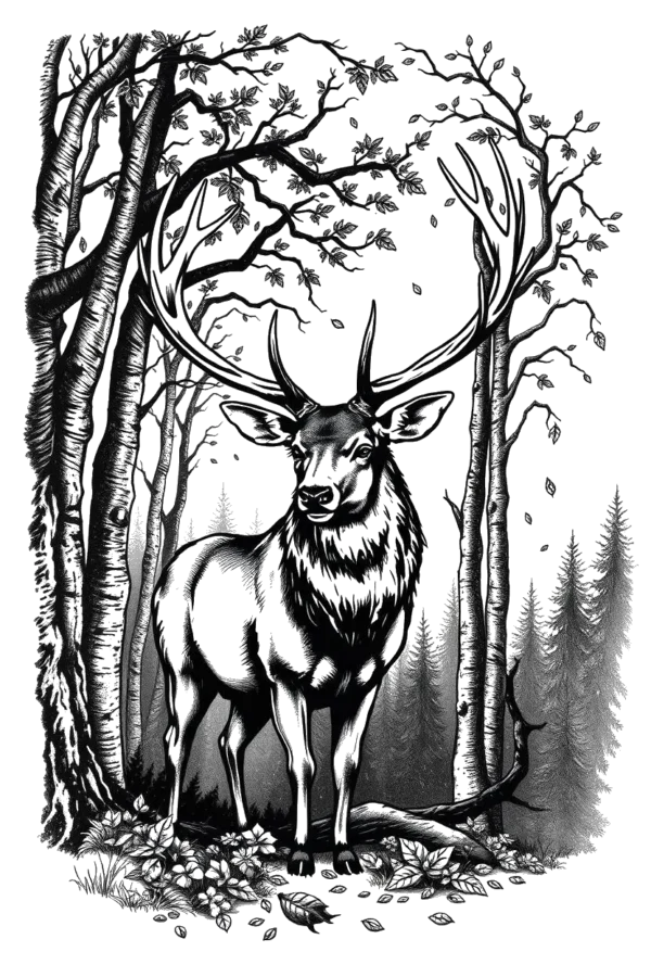 A detailed temporary temporary tattoo design featuring a majestic deer with large antlers, standing confidently in a realistic black and white forest setting. The deer, facing the viewer, showcases a textured coat with a mix of dark and light shades, creating striking contrast. Surround