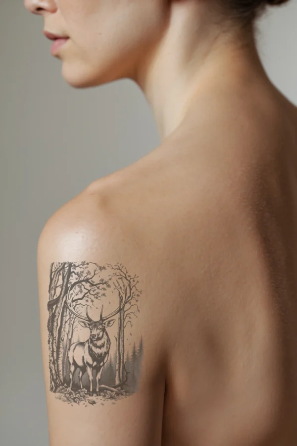 A temporary temporary tattoo on a person's shoulder depicts a majestic deer standing in a dense forest. The deer, with large antlers and a coat of dark and light shades, faces the viewer, drawing attention with its striking gaze. Surrounding the deer are intric